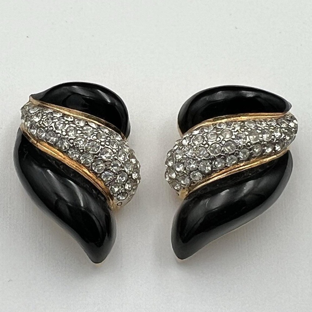 St John Vintage Black Enamel Rhinestone Clip On Earrings Gold Tone Medium Luxury